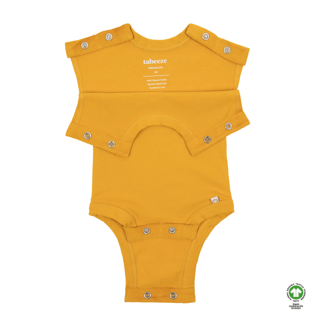 A yellow organic cotton snap onesie from Tabeeze.