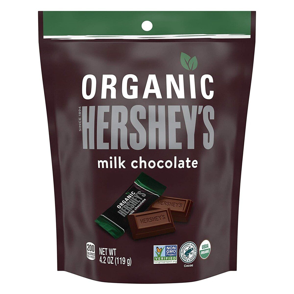 A dark brown pouch of Organic Hershey's Milk Chocolate is shown, with a small wrapped piece and a couple of unwrapped mini bars on the front.
