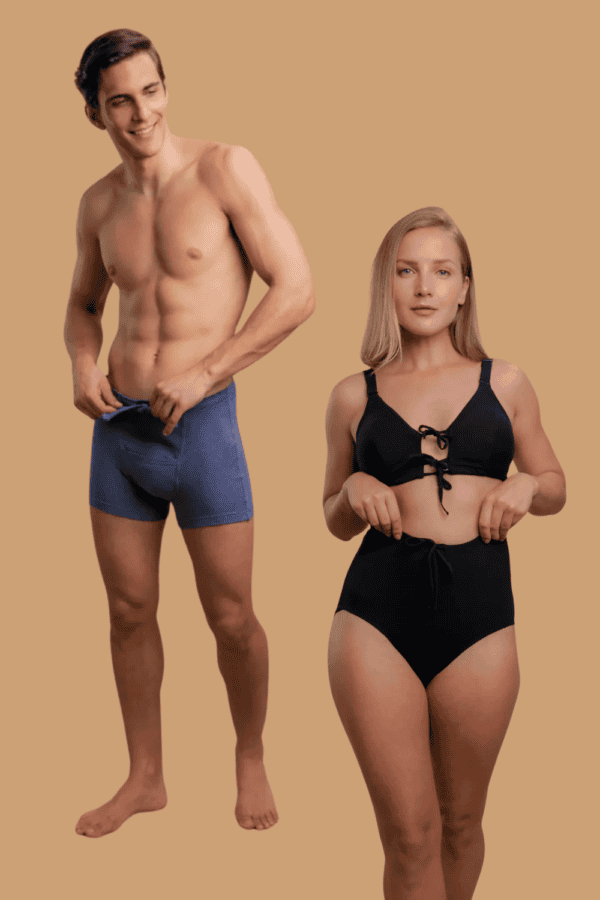 a man and a woman wearing a hypoallergenic underwear for sensitive skin