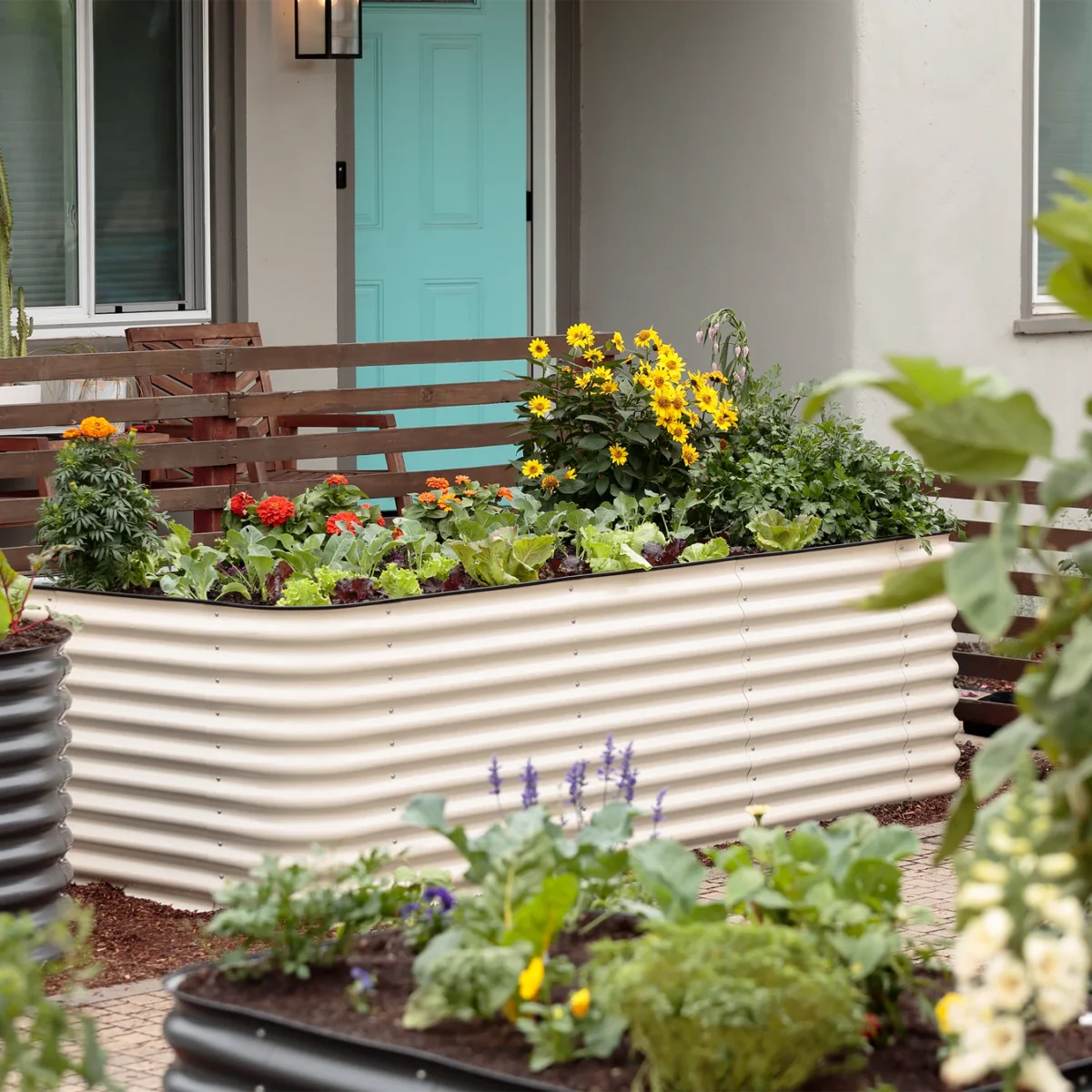 garden beds with flowers and plants made of aluzinc steel and USDA-approved paint from Epic Gardening