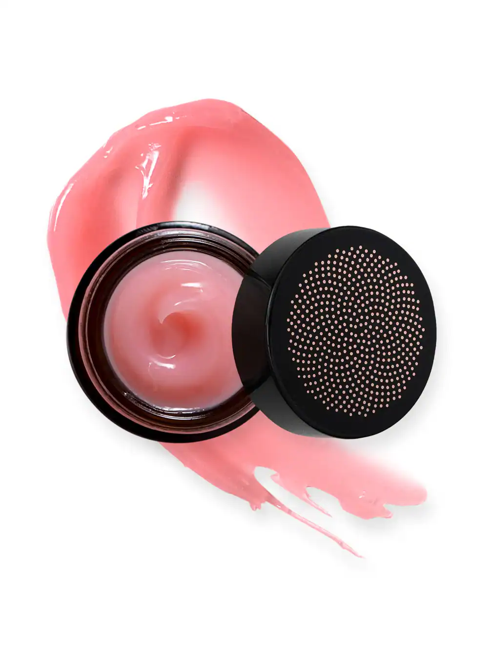 Open jar of pink lip gloss with black lid, shown with a smear of gloss in the background.