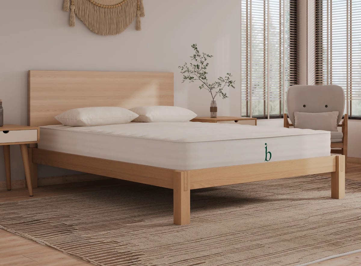 A neatly made bed with white bedding and two pillows stands in a light wooden frame. There are nightstands on both sides, a beige rug underneath, and a chair and potted plant beside large windows with blinds.