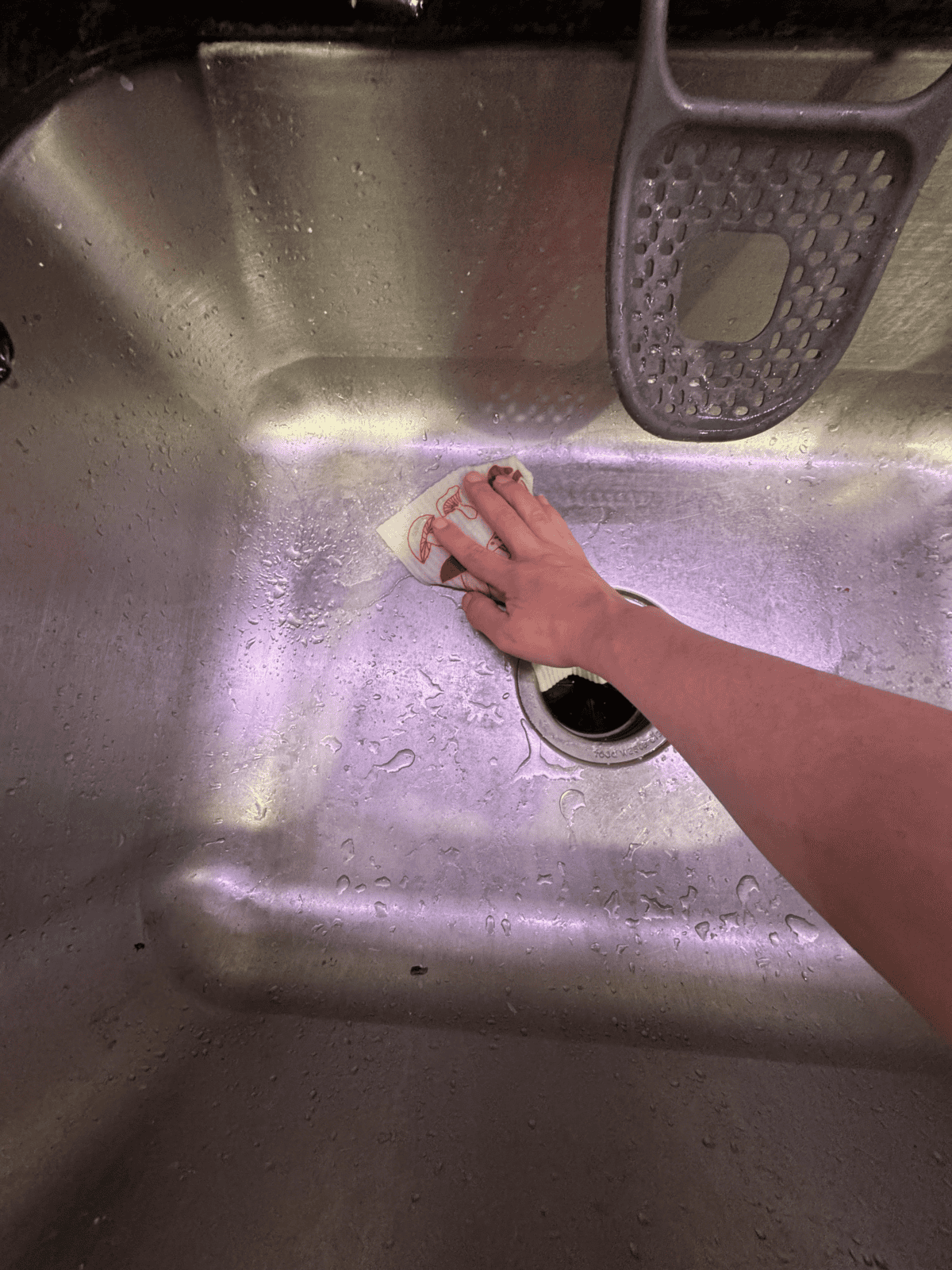 action shot of wiping down sink with gentle scrub vertical