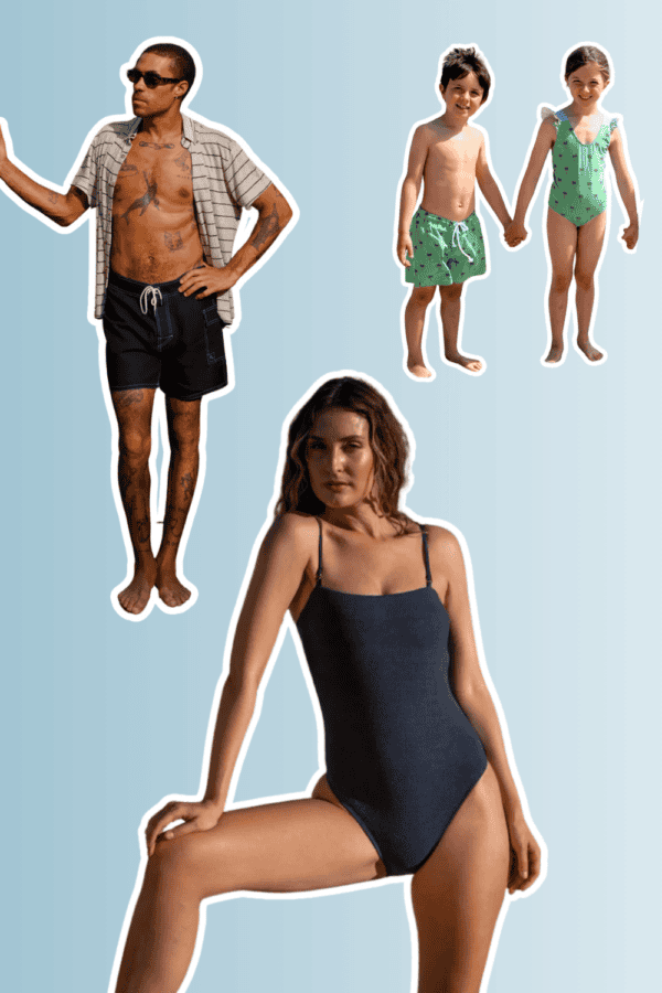an images of woman wearing an organic swimwear, a man wearing swimming trunks and kids wearing swimsuit and trunks