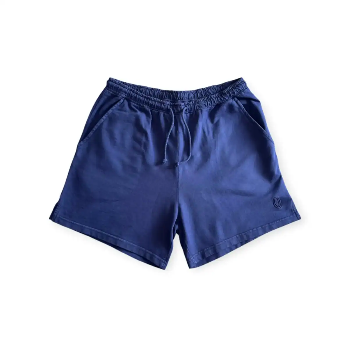 Navy blue drawstring shorts with side pockets, laid flat on a white background.
