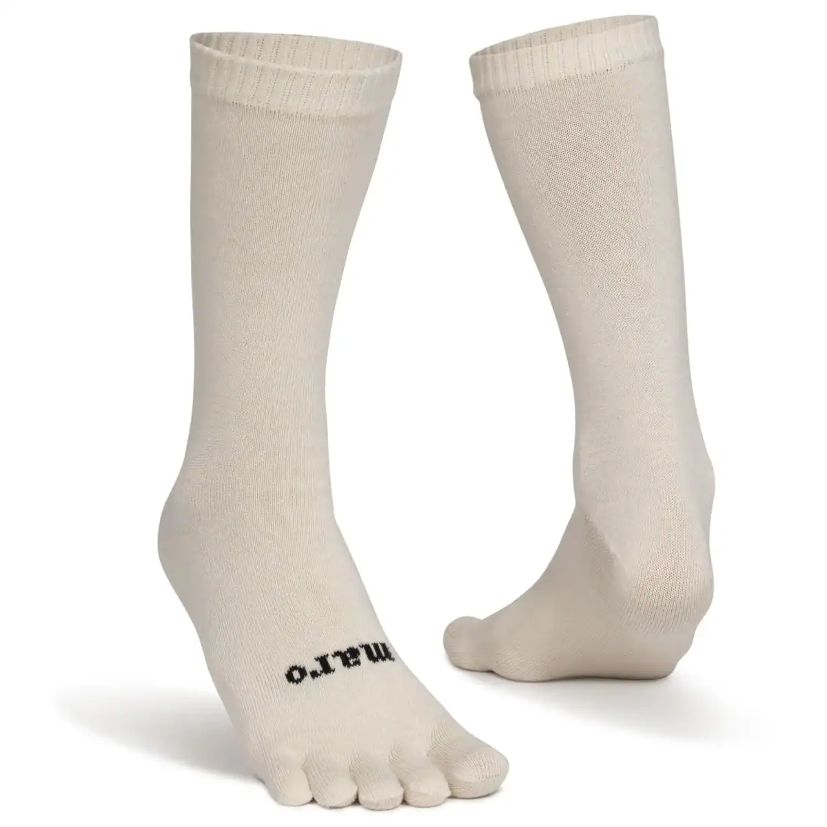 Pair of cream-colored crew-length toe socks with “maro” printed on the sole in black, displayed on mannequin feet.