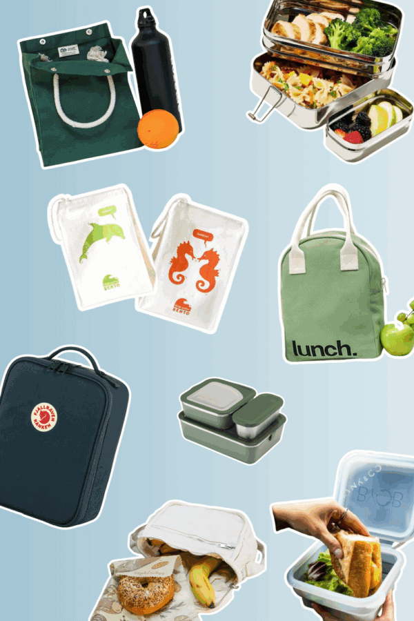 a graphic showcasing different non-toxic lunch boxes and bags