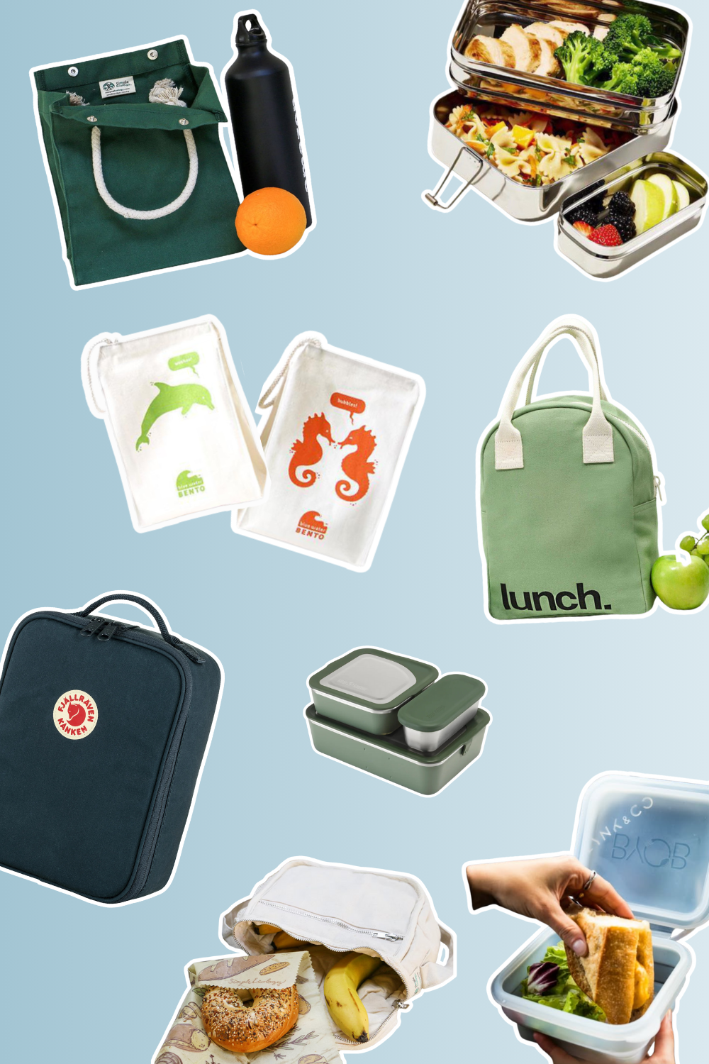 a graphic showcasing different non-toxic lunch boxes and bags