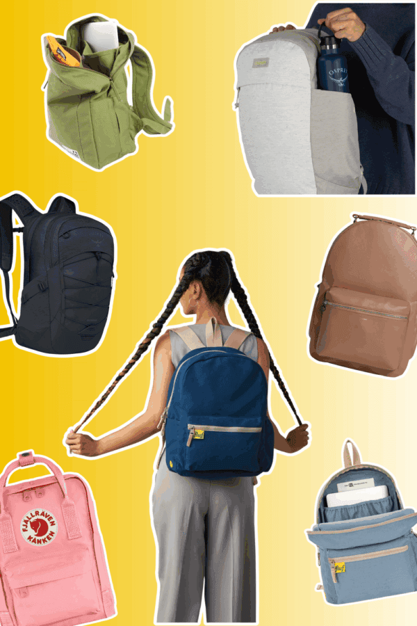 A woman wearing a non-toxic backpack, surrounded by backpacks from other brands.
