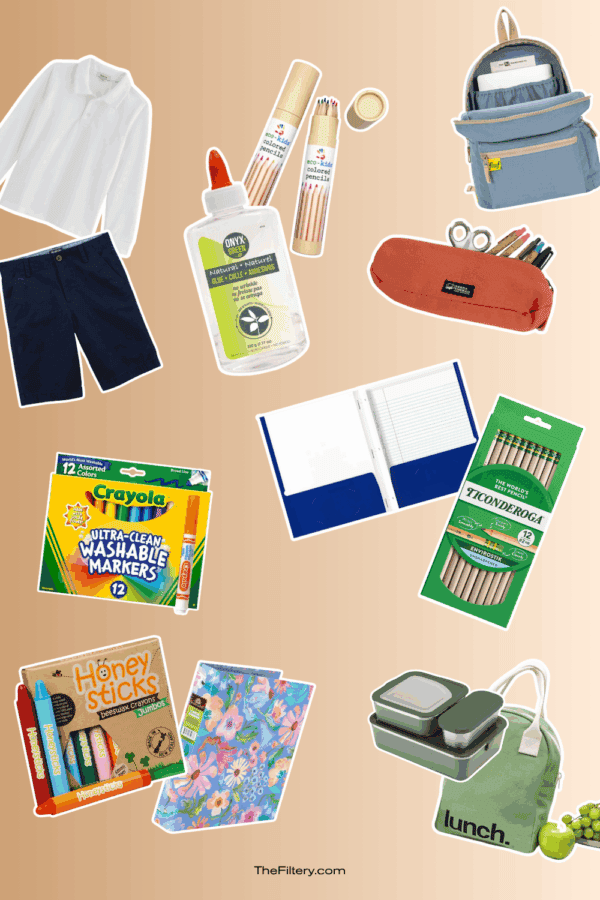 A graphic featuring non-toxic school supplies, highlighting eco-friendly products for students