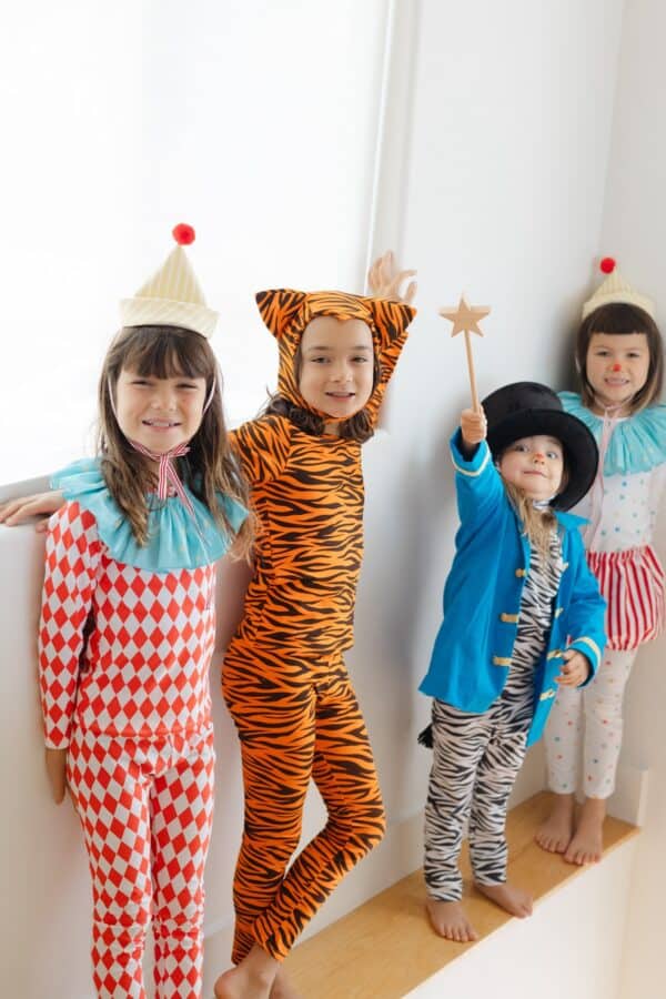 Four children are dressed up in circus-themed costumes, including a harlequin, a tiger, a ringmaster, and a dancer, posing playfully on a set of white stairs.