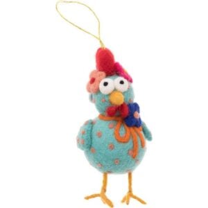Colorful felt bird ornament with polka dots and flowers, hanging by a loop.