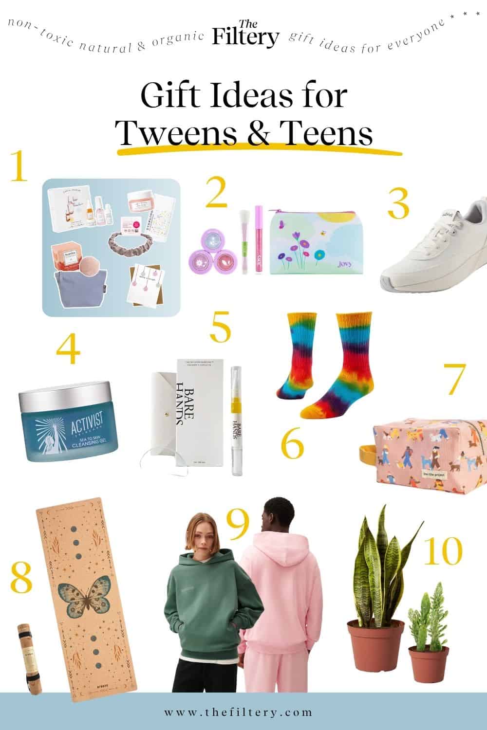 A promotional image from The Filtery displays ten numbered Gift Ideas for Tweens & Teens, including a jewelry-making kit, a cosmetic pouch, white sneakers, a cleansing gel, a manicure kit, rainbow socks, a travel bag, a yoga mat, matching hoodies, and potted plants.
