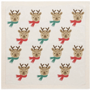 Cream holiday blanket featuring repeating reindeer heads wearing red and green scarves.
