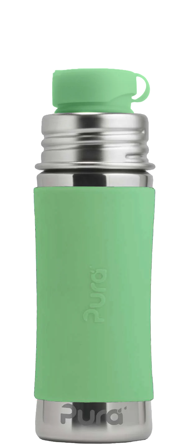 Stainless steel Pura water bottle with a light green silicone sleeve and matching green silicone cap.