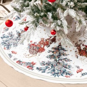 Christmas tree skirt with detailed holiday illustrations, including Santa’s sleigh, reindeer, and decorated trees under a frosted tree.