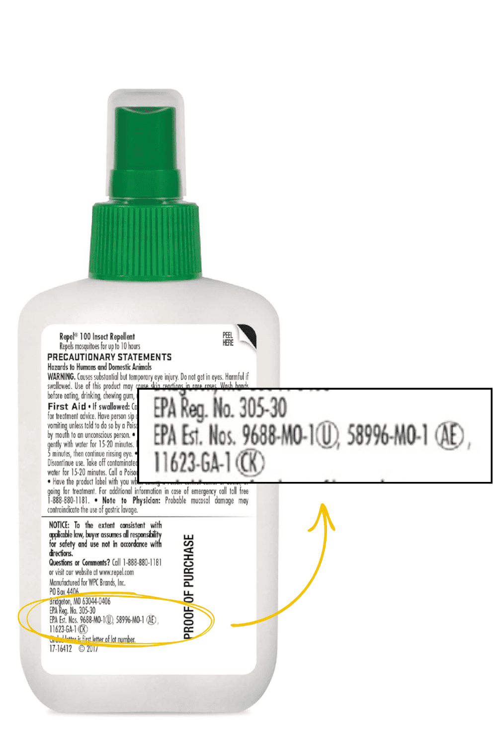Back label of an EPA-registered insect repellent showing precautionary statements and EPA registration numbers.
