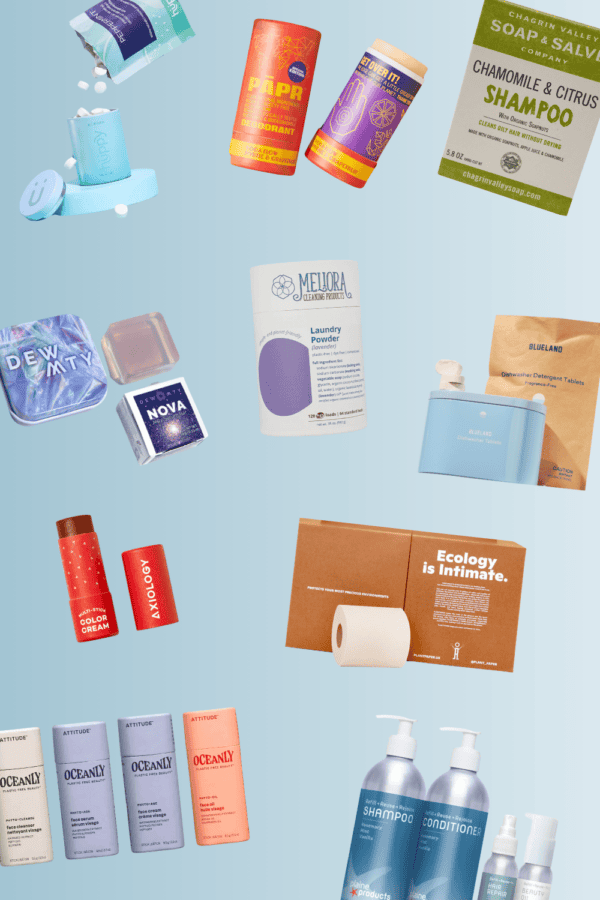 A collage of non-toxic and plastic-free products, including personal care items like shampoo bars, deodorants, and color creams, cleaning products like laundry powder and dishwasher tablets, and eco-friendly essentials like toilet paper. Brands featured prioritize sustainable and minimal packaging.