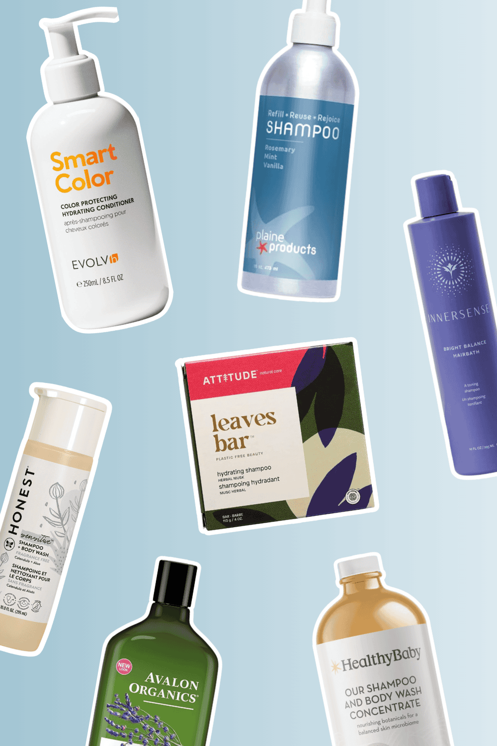 A collage of various non-toxic shampoo and conditioner brands, including EVOLVh, Plaine Products, Innersense, Honest, Attitude, Avalon Organics, and HealthyBaby, displayed on a light blue background.