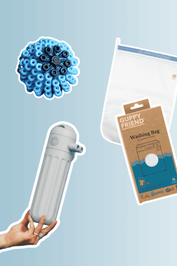 Image featuring three microplastic filtration products: a Guppyfriend washing bag in its packaging, a microfiber-catching laundry ball, and a washing machine filter held by a hand. The background is light blue.