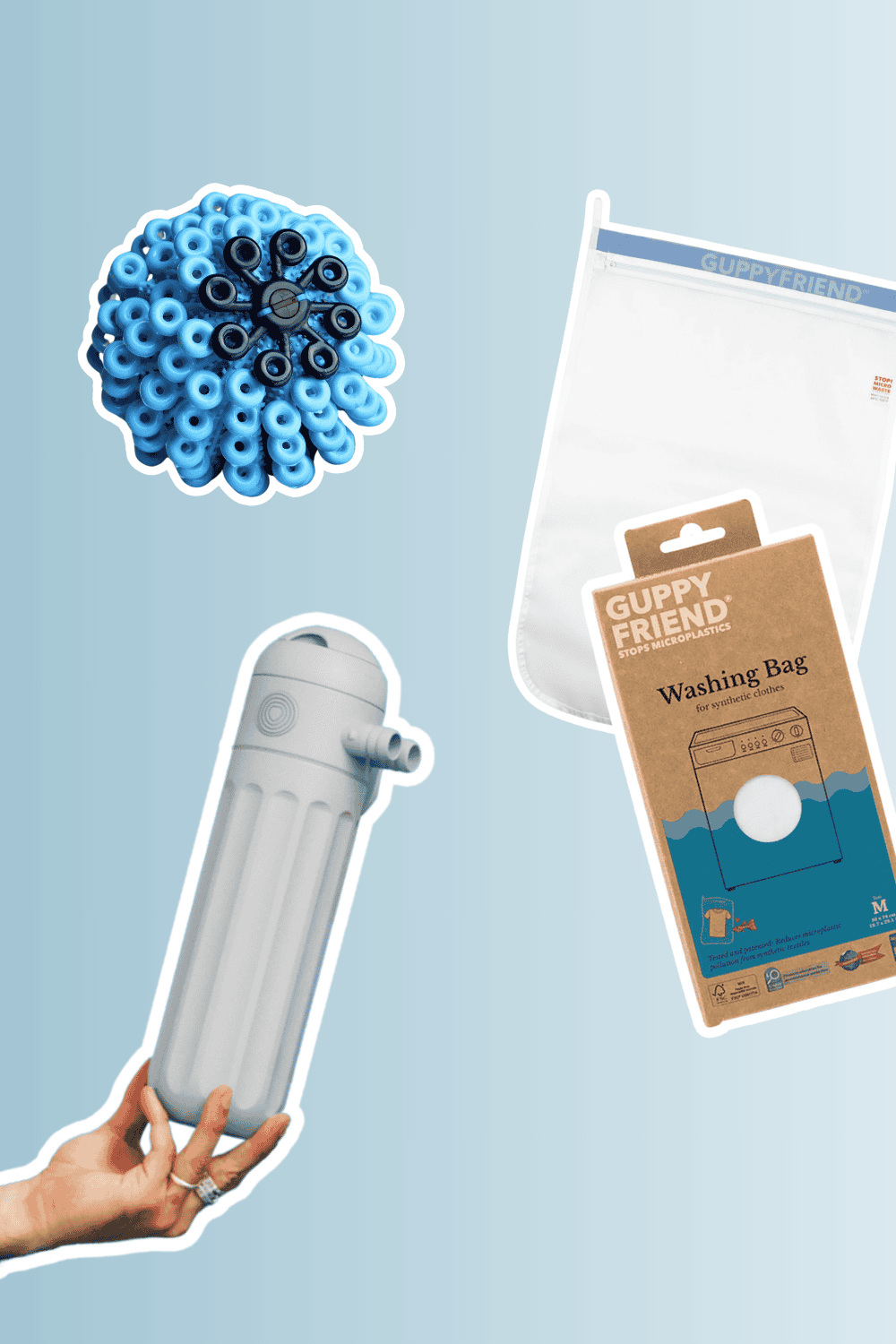 Image featuring three microplastic filtration products: a Guppyfriend washing bag in its packaging, a microfiber-catching laundry ball, and a washing machine filter held by a hand. The background is light blue.