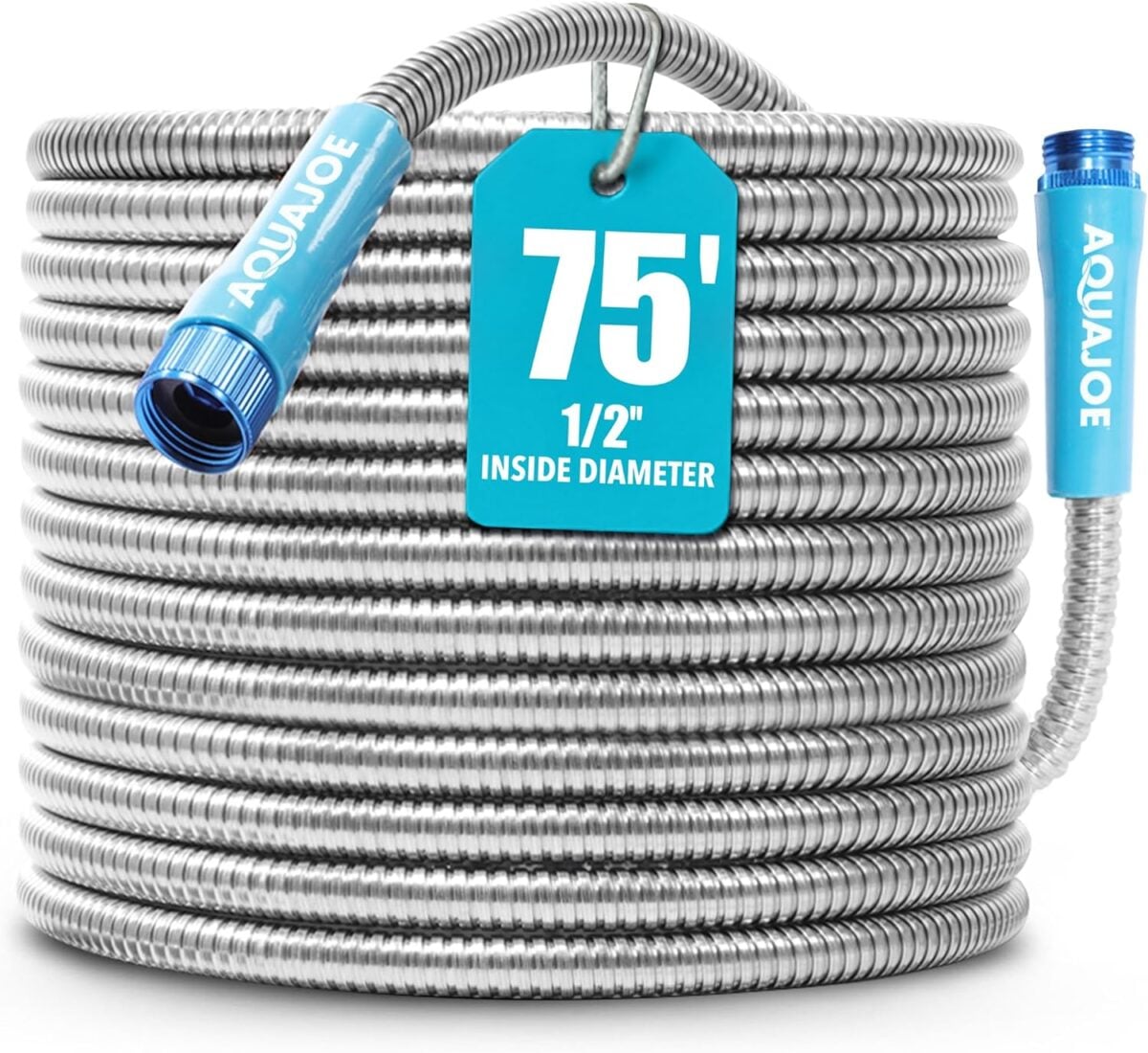 A coiled metal garden hose labeled &ldquo;AQUAJOE&rdquo; with blue connectors at each end. A blue tag attached to the hose reads &ldquo;75 1/2 INSIDE DIAMETER&rdquo; in white letters.