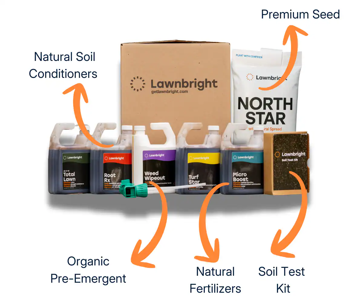 Lawnbright natural lawn care kit with soil conditioners, organic pre-emergent, natural fertilizers, soil test kit, and premium grass seed.
