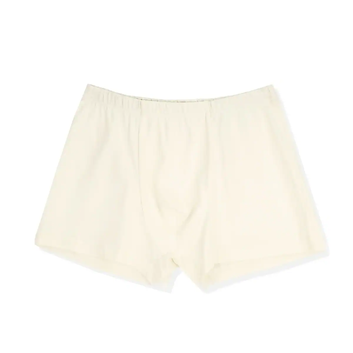 Cream-colored men&rsquo;s boxer shorts made from organic cotton, laid flat on a white background