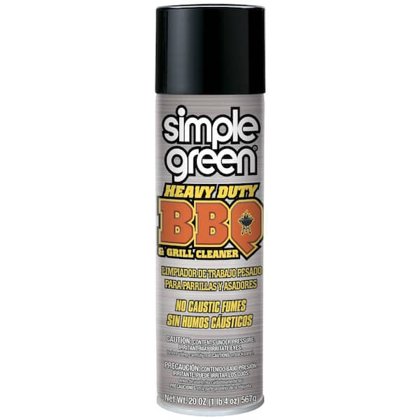 A 20-ounce can of Simple Green Heavy Duty BBQ & Grill Cleaner with Spanish and English text on a gray label. The label states the product has no caustic fumes and is designed for heavy-duty cleaning.