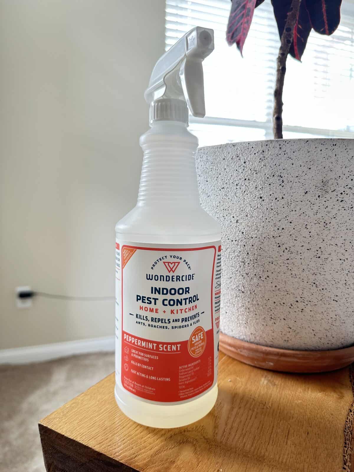 A bottle of Wondercide Indoor Pest Control spray in peppermint scent sits on a wooden table next to a potted plant in a sunlit room.