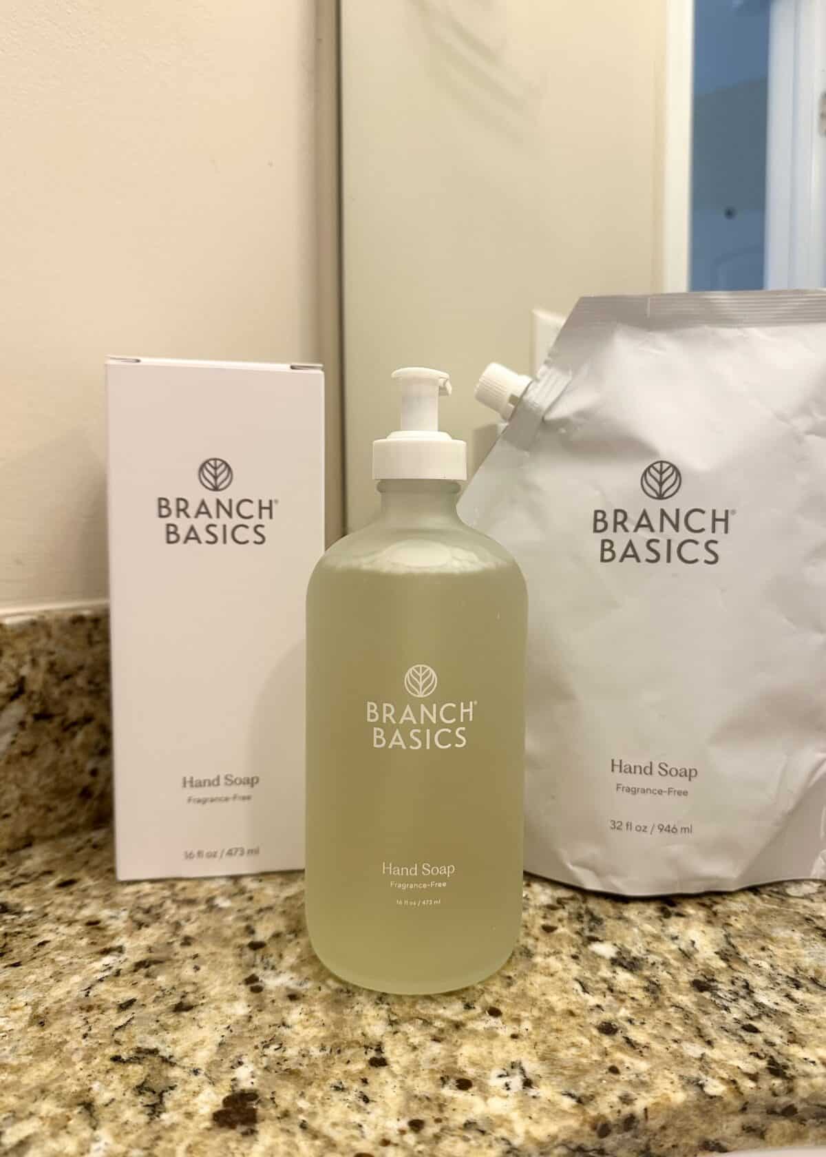 Branch Basics fragrance-free hand soap set on a bathroom counter, including a glass pump bottle, refill pouch, and product box reflected in the mirror.