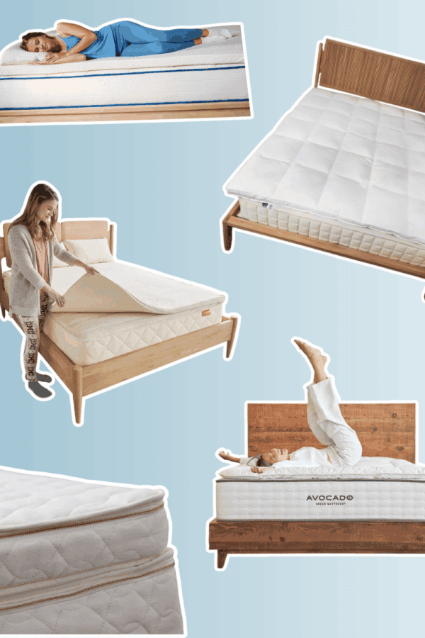 Collage of natural and organic mattress toppers, including latex, wool, and cotton styles, shown on wooden bed frames with people on them.