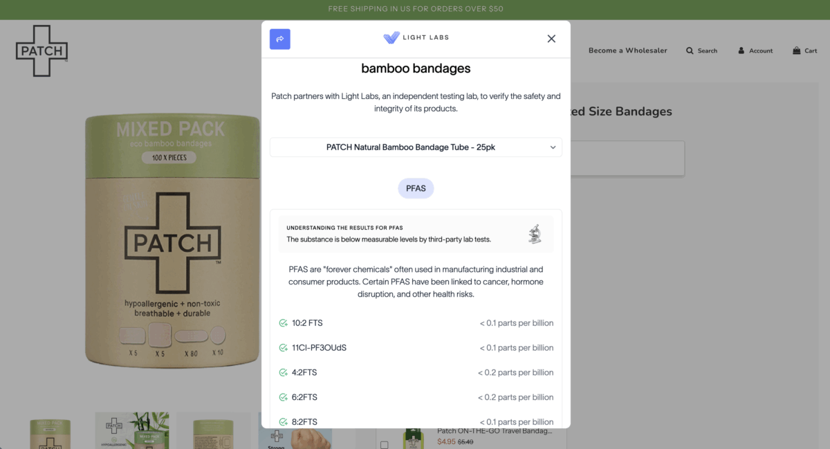 A website popup displays info about bamboo bandages, noting testing for PFAS chemicals. Results show PFAS levels below 0.2 parts per billion. The bandage product is shown in the background with text and icons.