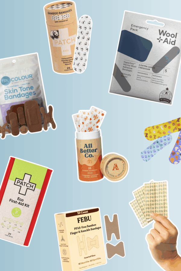 Collage of safer bandage brands including bamboo, wool, and plastic-free options such as Patch, WoolAid, TruColour, All Better Co., and FEBU, displayed against a light blue background.
