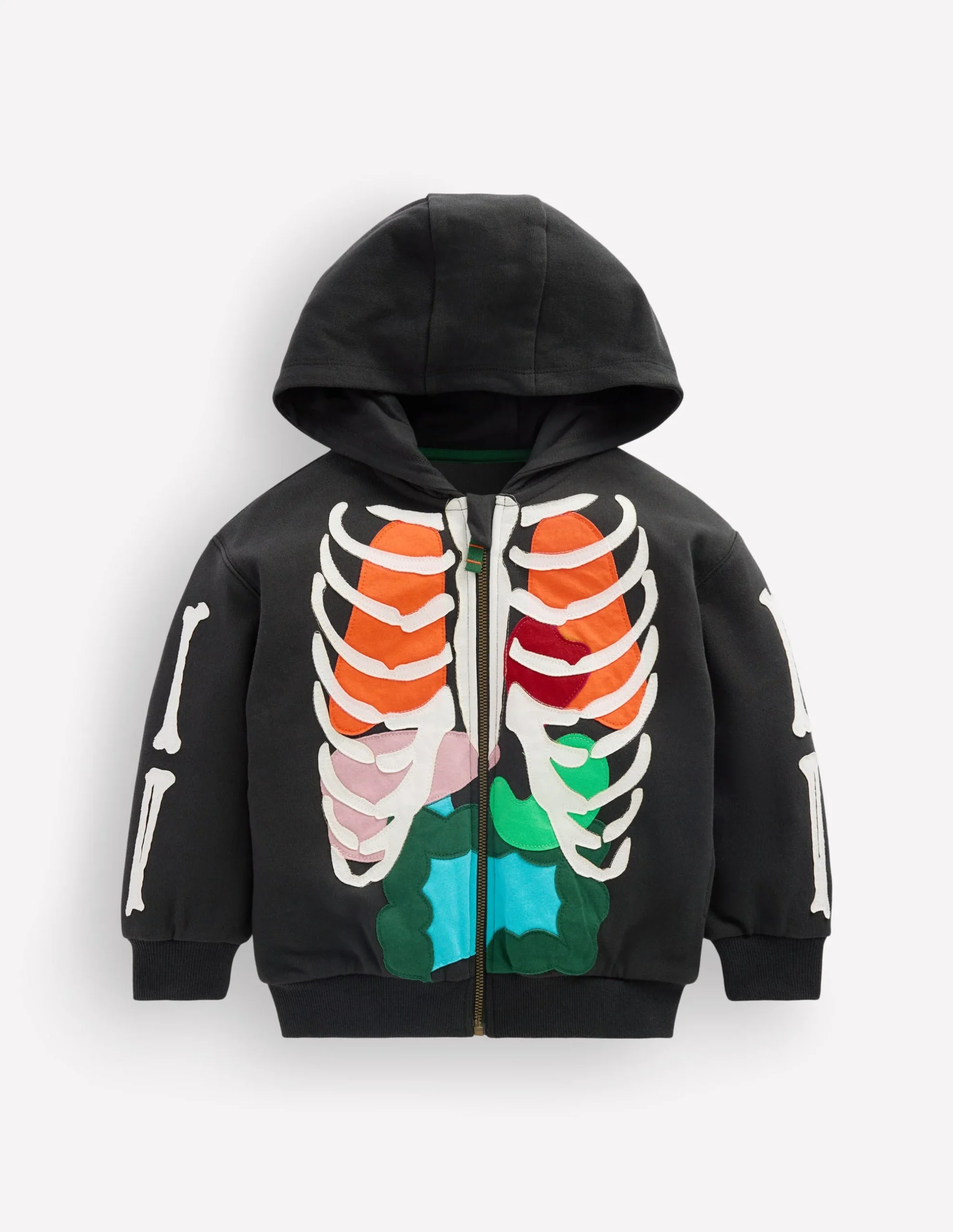 A black hooded childrens jacket features a colorful skeleton and organ design on the front and bone graphics on the sleeves.