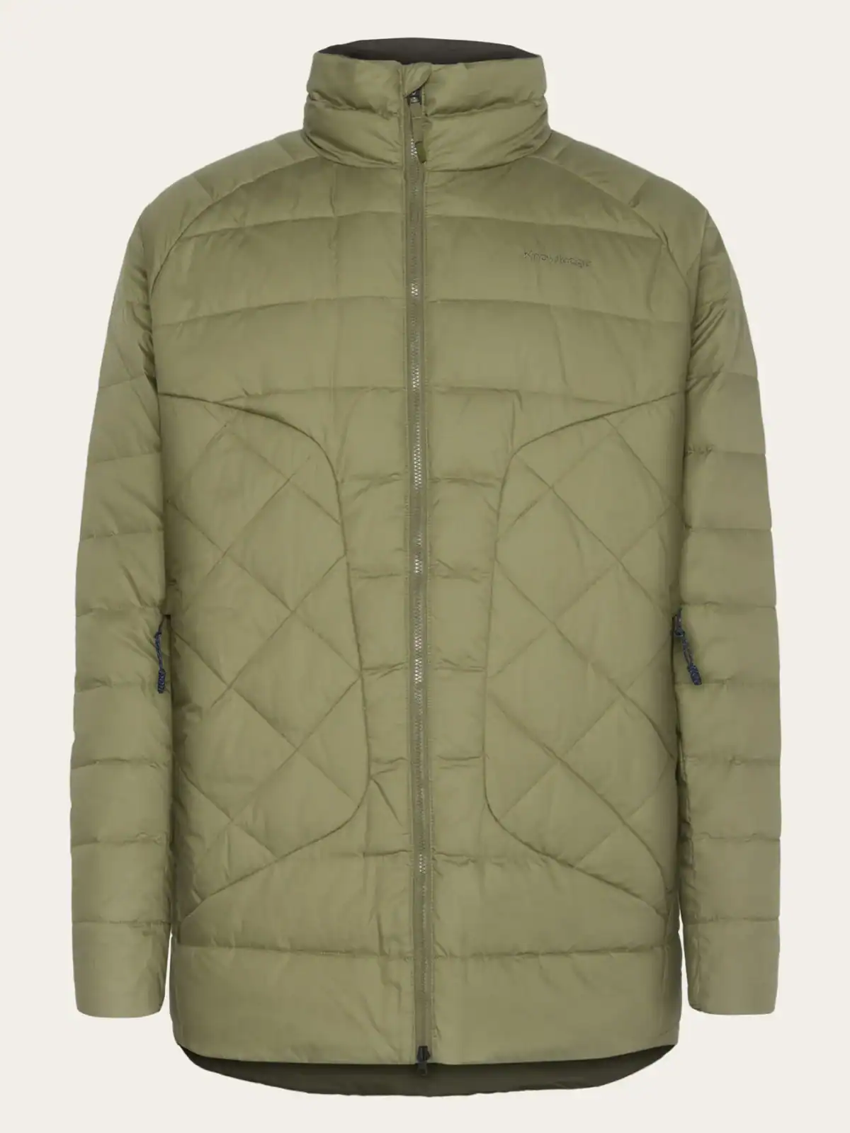 A quilted, light-olive green, zip-up jacket from Knowledge Cotton Apparel is shown on a white background.
