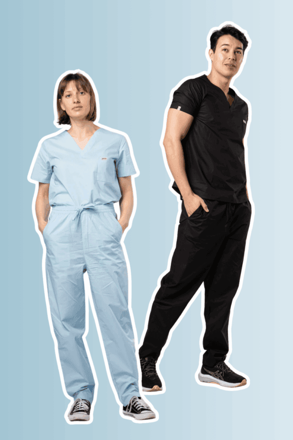 A split image shows a female model in a light blue scrub jumpsuit next to a male model in a black scrub set, both posing with their hands in their pockets.