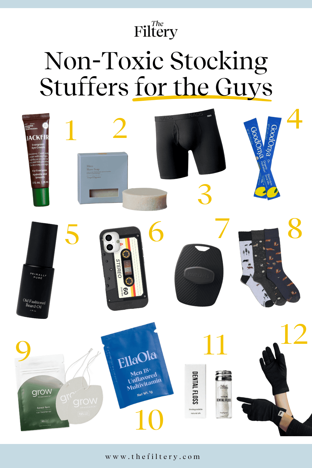 A promotional image from The Filtery displays twelve numbered non-toxic stocking stuffers for men, including a face cream, bar soap, underwear, socks, a beard oil, a phone case, a hair brush, a multi-vitamin, and gloves.
