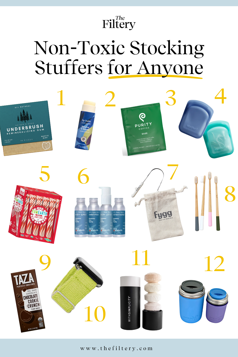 A promotional image for The Filtery displays twelve non-toxic stocking stuffers for anyone, including chewing gum, a lip balm, coffee, reusable food bags, candy canes, body care products, toothbrushes, a chocolate bar, and accessories for drinks.