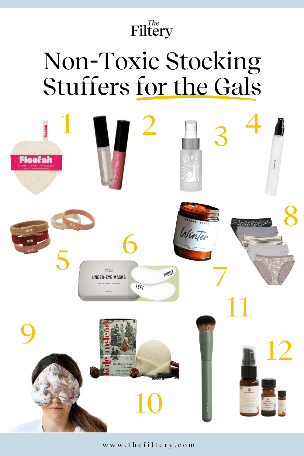 A promotional image for The Filtery displays twelve numbered non-toxic stocking stuffers for women, including a loofah sponge, lip gloss, deodorant, hair ties, under-eye masks, a candle, socks, an eye mask, body care items, a makeup brush, and essential oils.