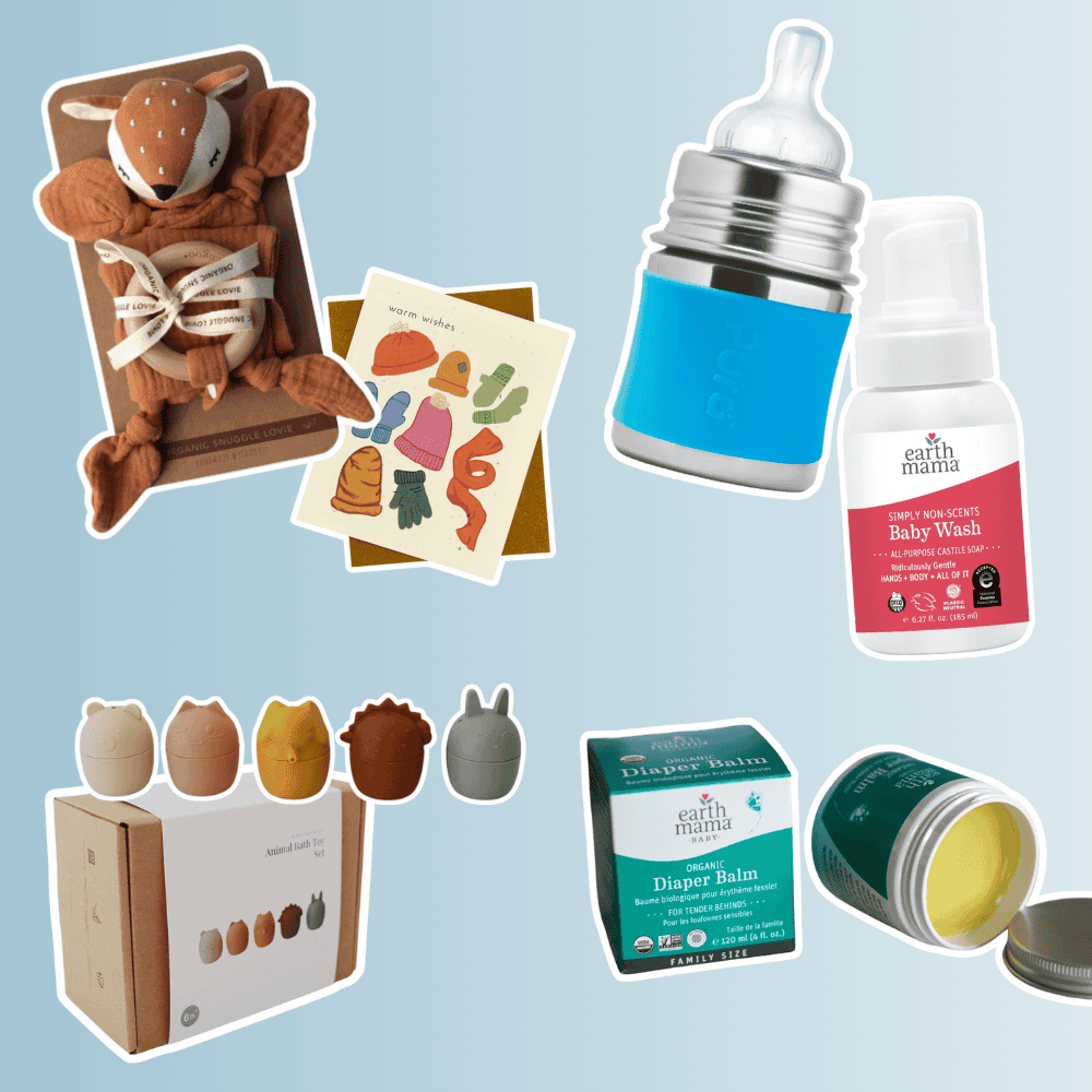 A vibrant digital collage on a light blue background features various baby and maternal care products, including a stuffed animal, a stainless steel baby bottle, baby wash, a box of silicone teethers, and a topical cream.