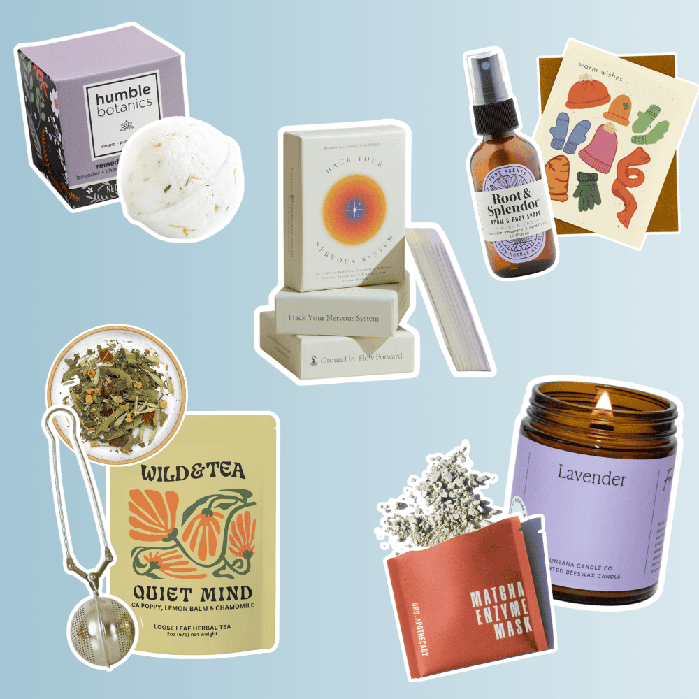 A vibrant digital collage on a light blue background features various self-care, wellness, and cozy products, including bath bombs, herbal tea, candles, a deck of cards for the nervous system, and a body spray.