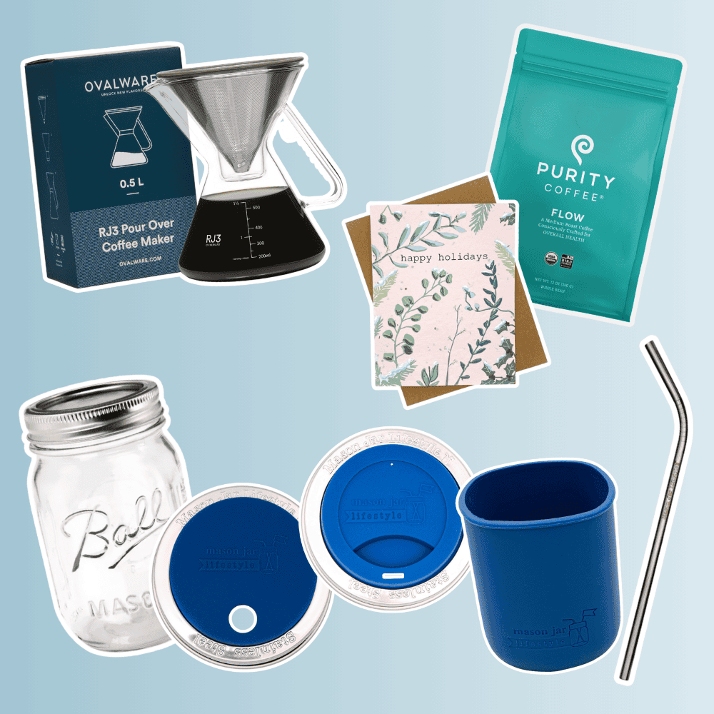 A dynamic digital collage on a light blue background features various coffee, beverage, and greeting card items, including a pour-over coffee maker, a bag of coffee, a glass mason jar, reusable lids and cup, a metal straw, and a "happy holidays" card.