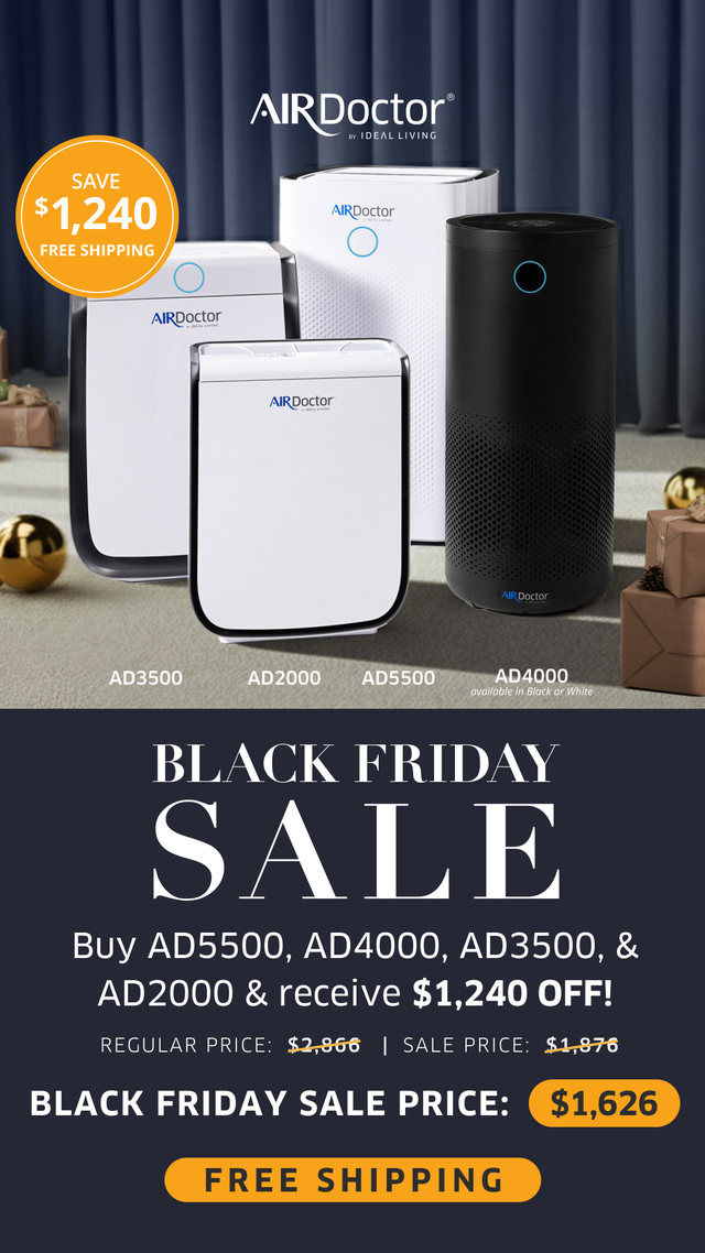 AirDoctor air purifiers in white and black displayed in a living room with Black Friday sale details offering $1,240 off a bundle of AD5500, AD4000, AD3500, and AD2000 units plus free shipping.