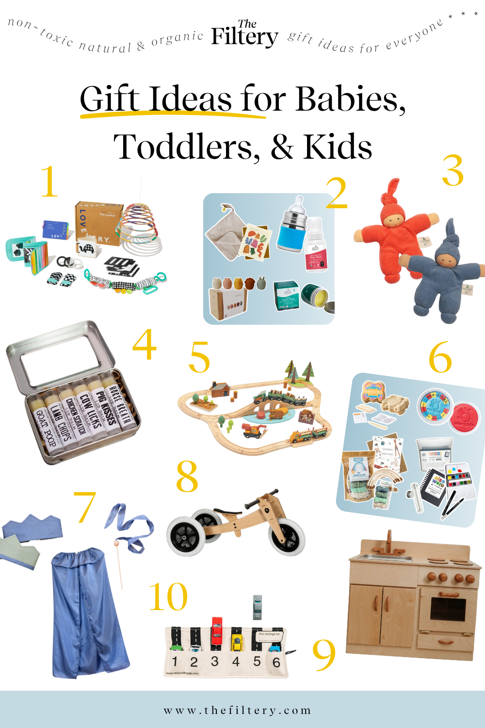 A promotional collage from The Filtery displays ten numbered Gift Ideas for Babies, Toddlers, & Kids, including building blocks, baby toys, temporary tattoos, lip balm, a wooden train set, play-dough kits, a cape and wand, a balance bike, a play kitchen, and a car counting game.
