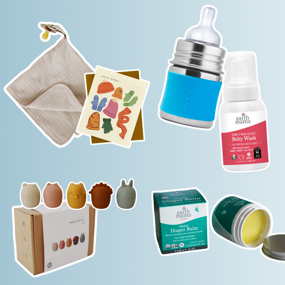 A vibrant digital collage on a light blue background features various baby and maternal care products, including a pacifier blanket, a stainless steel baby bottle, baby wash, a box of silicone teethers, and a topical cream.