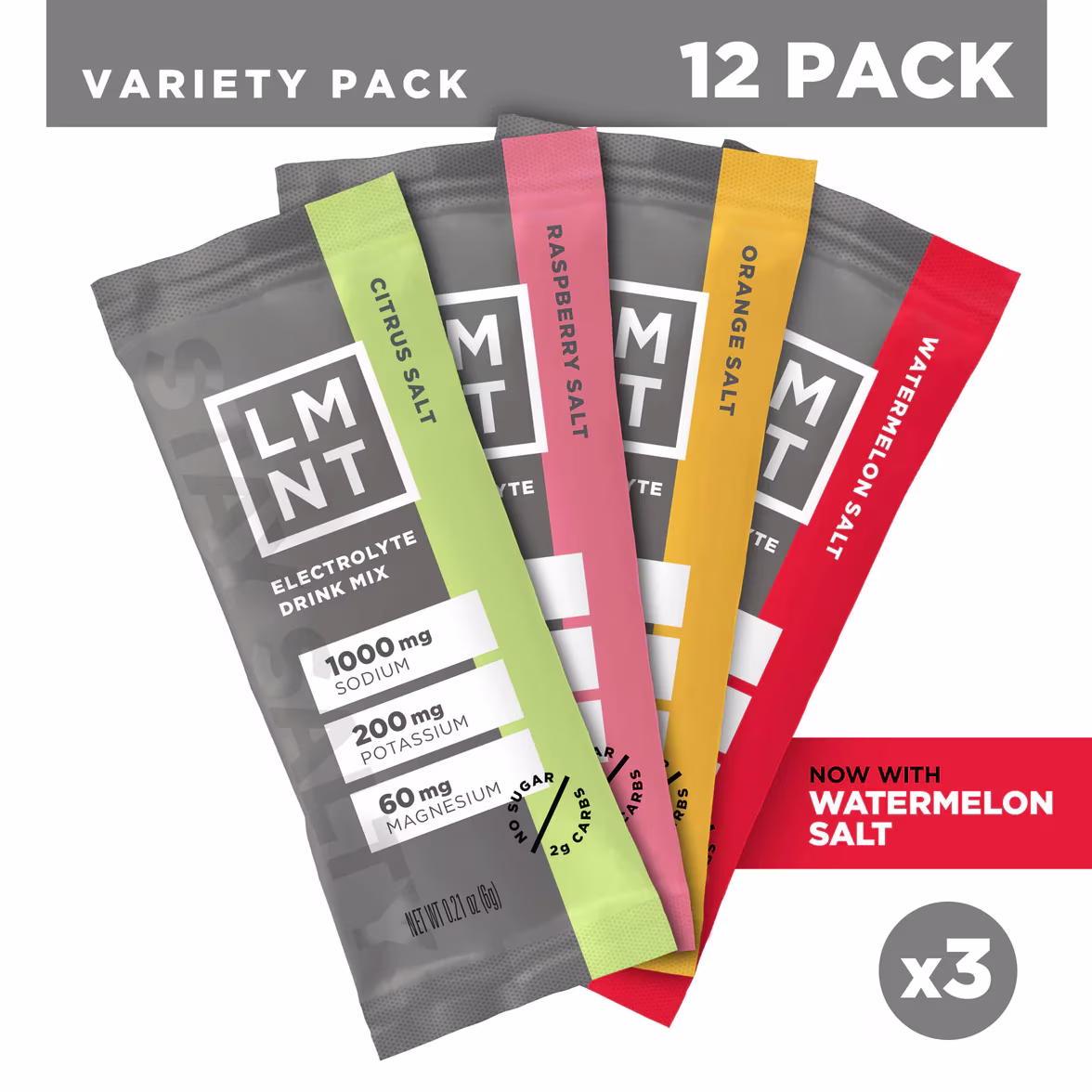 A twelve-pack variety of LMNT Electrolyte Drink Mix sachets, featuring Citrus Salt, Raspberry Salt, Orange Salt, and Watermelon Salt flavors, is shown fanned out against a grey background.