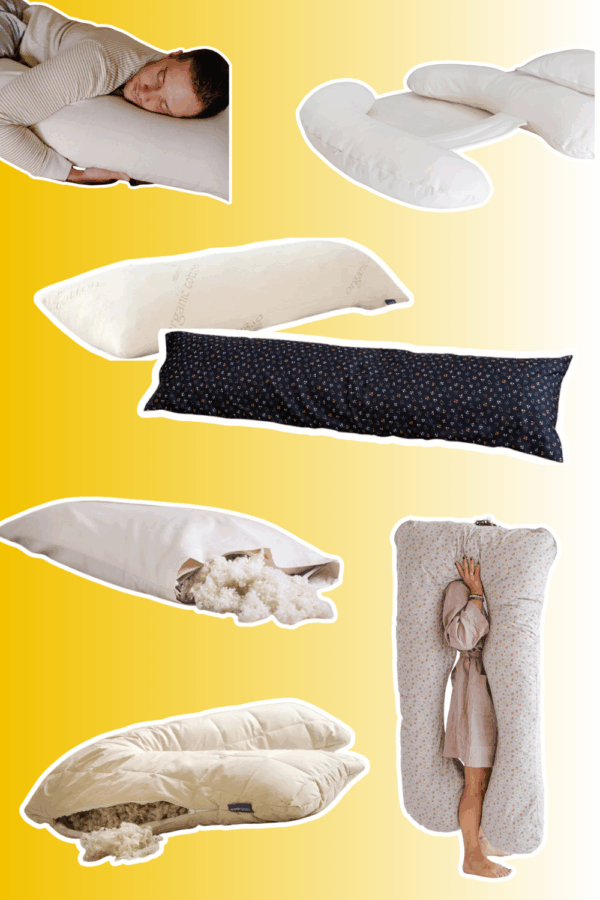 Collage of organic body pillows in various shapes including C-shaped, U-shaped, and straight styles, with natural fill materials like wool and latex visible, plus person demonstrating side-sleeping position with full-length body pillow