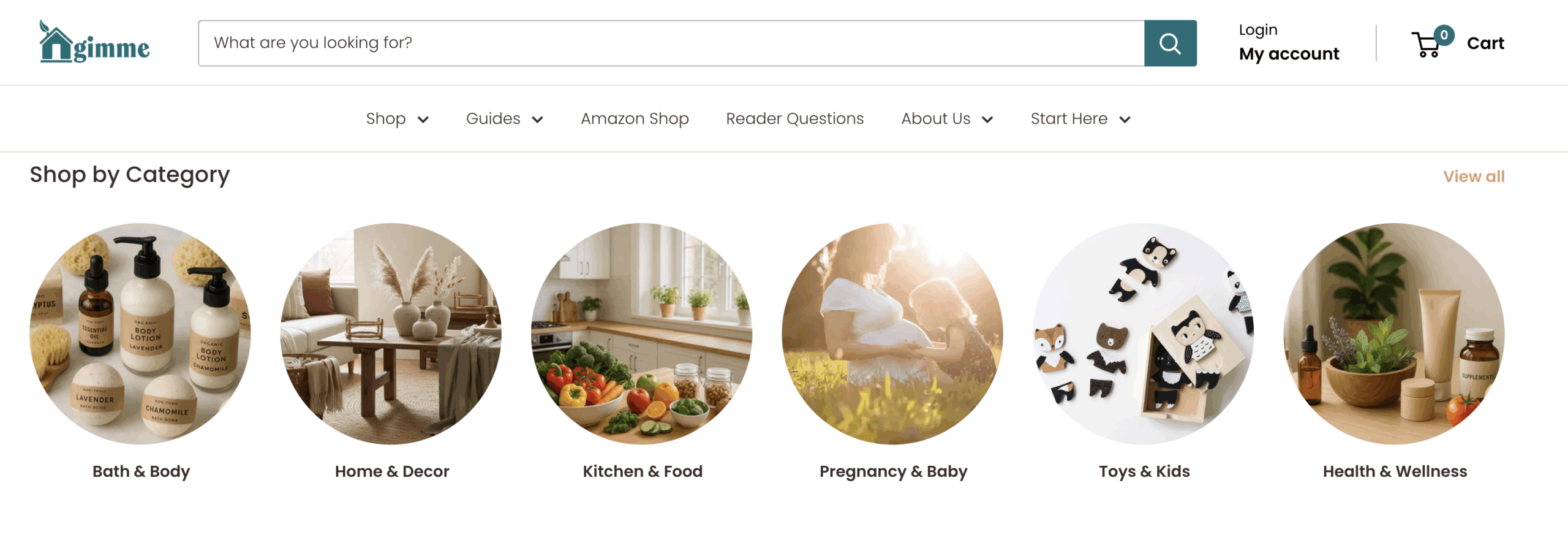 The image displays the "Shop by Category" section of the Gimme website, featuring circular icons for Bath & Body, Home & Decor, Kitchen & Food, Pregnancy & Baby, Toys & Kids, and Health & Wellness.