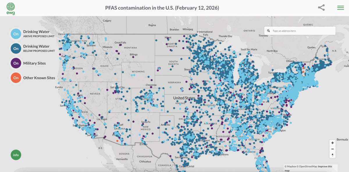 This is a map of the United States from February 2026 showing widespread PFAS contamination across drinking water systems, military sites, and other known locations.